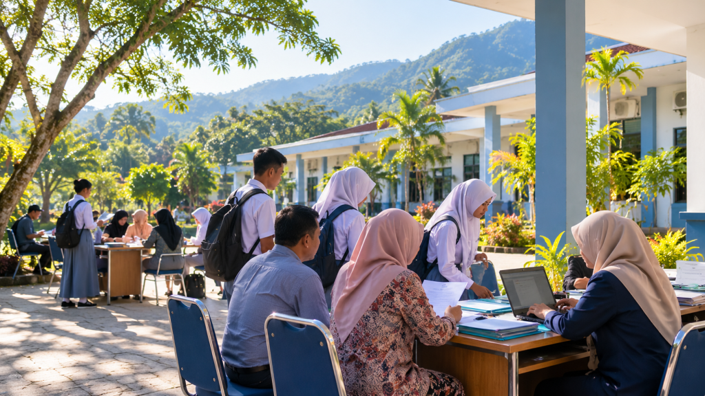 Calon mahasiswa dan orang tua menyiapkan berkas pendaftaran KIP Kuliah jalur mandiri di halaman kampus
